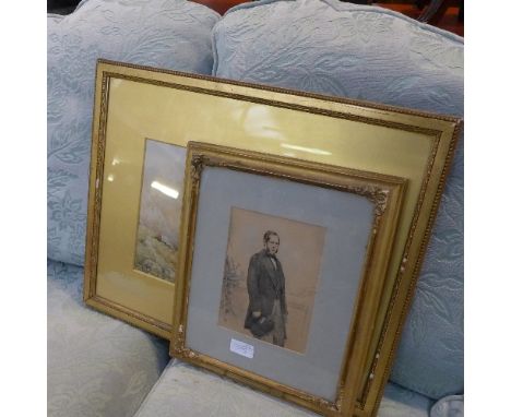 A late C19th watercolour rural landscape study and an overpainted print portrait of a gentleman