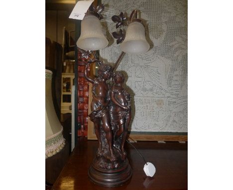 A Victorian design bronzed table lamp in the Art Nouveau manner the twin satin glass shades with figural supports on circular