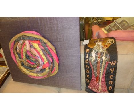 A multi coloured portrait, embroidery and an abstract embroidery