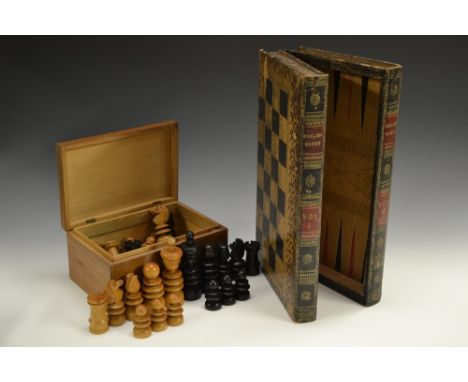 An early 20th century tooled and gilt leather novelty chess board/box, the spine titled English Games', hinged cover, the int