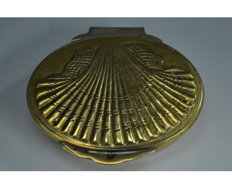 A 19th century brass snuff box, stand-away hinged cover in relief with a shell, 8cm wide, touch mark to base