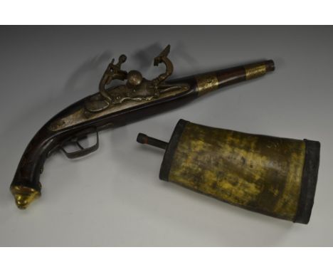A 19th century North African flintlock pistol, 23.5cm barrel with two chased brass bands, full stock inlaid with brass wirewo