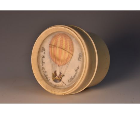 Ballooning Interest - a late 18th century French bone circular patch box, the screw-fitting cover inset with a miniature, pai