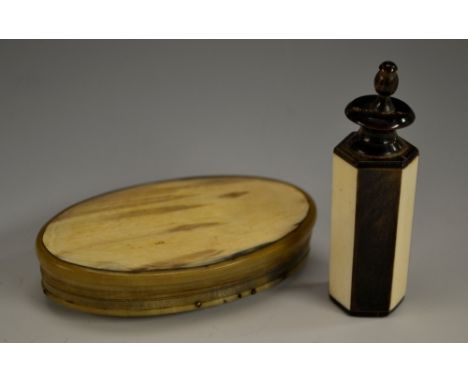 A George III cattle horn oval snuff box, push-fitting cover, 9.5cm wide, c.1800; a 19th century horn and bone snuff bottle, p