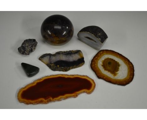 Geology - a Derbyshire Blue John domed paperweight, 7cm diam; other Blue John specimens (2); agates, various (3); nephrite ja