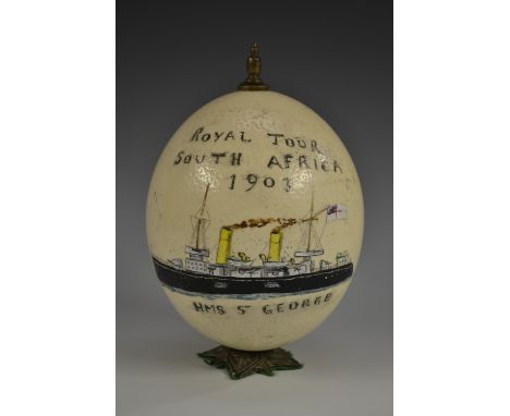 Royal History - an Edwardian sailor's work souvenir ostrich egg, from the Royal Tour [of] South Africa 1901, painted and insc