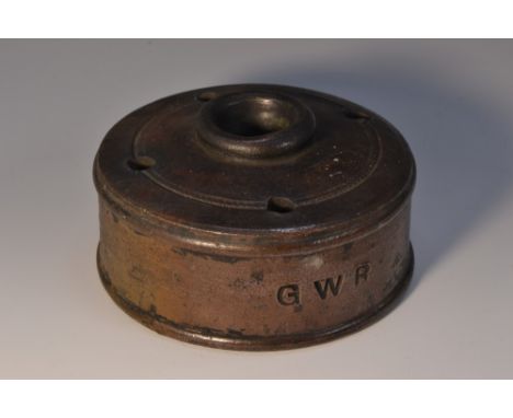 Railwayana - a 19th century salt glazed stoneware circular inkwell, impressed GWR, [Great Western Railway], 11.5cm diam, c.18