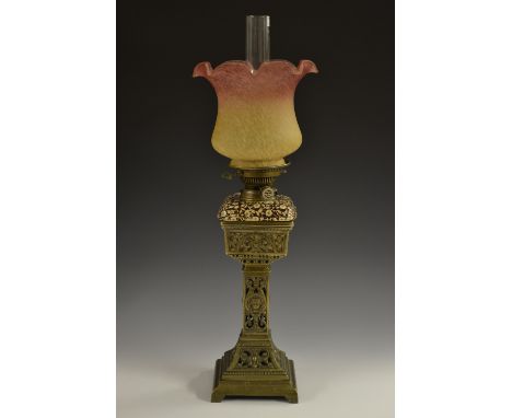 A Victorian brass table oil lamp, frilled satin glass shade,  Hinks's Bennetfink & Co No.2 Duplex burner, earthenware reservo