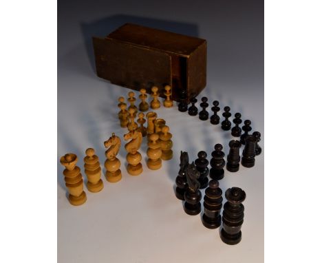 A 19th century boxwood and ebonised French Regency pattern chess set, the kings 9cm high, boxed  
