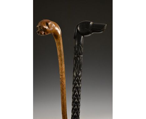 A late 19th century hawthorn novelty walking cane, the pommel carved as the head of a mastiff-type dog, gnarly shaft, 86cm lo