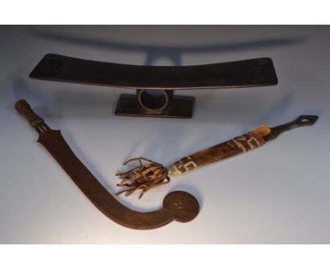 Tribal Art - an African copper prestige weapon, curved blade terminating in a disc, wire bound grip, 45cm long, 19th century;
