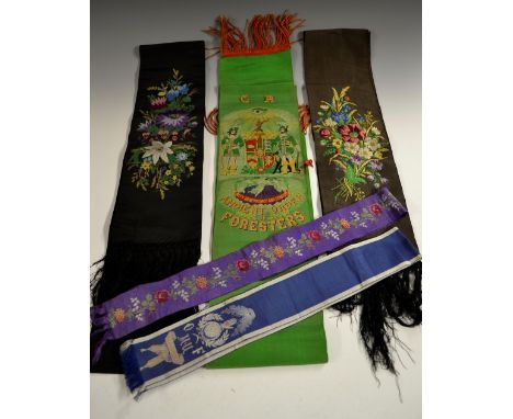 Friendly Society/Masonic - a ceremonial sash, The Ancient Order of Foresters, worked in silk with arms and motto on a green g