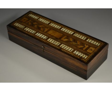 A Victorian rosewood and marquetry rectangular cribbage box, hinged cover, 28cm wide, c. 1860