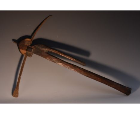 Tribal Art - an African hardwood axe, curved steel blade, geometric terminal, carved shaft, 55.5cm long