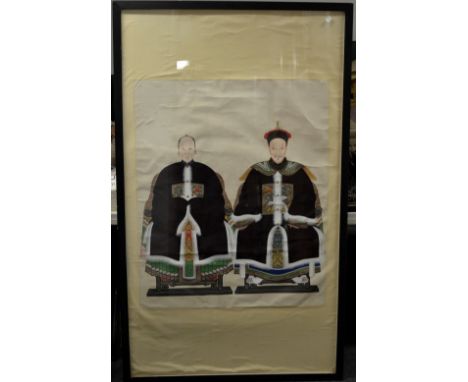 Chinese School (19th century)Ancestor Portrait, An Official and His Wife, seated in full-length, wearing traditional dresswat