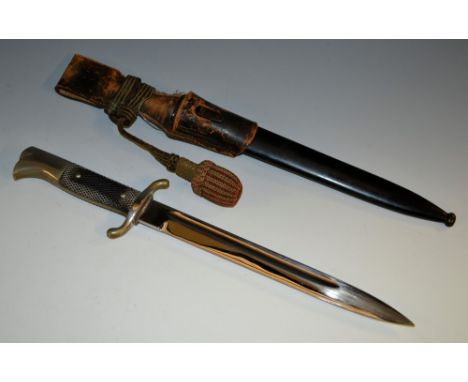 A Third Reich Nazi German K98 dress bayonet, 25cm straight fullered blade, two-piece chequered grip, black painted scabbard, 