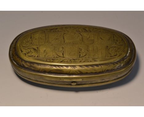 An unusual 18th century Dutch armorial and satirical brass oval tobacco box, the hinged cover chased with five coats of arms,
