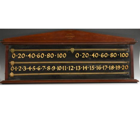 An Edwardian mahogany snooker/billiard score board, by John Bennet, London, architectural pediment, brass sliders, 102cm wide