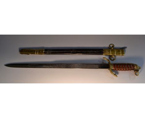 A 19th century naval short dress sword, 47cm straight blade chased with crowned anchor and Royal coat of arms, wire-bound lea