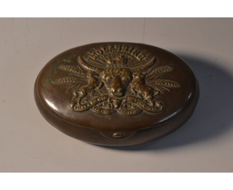 Advertising - a 19th century promotional novelty snuff box, the hinged cover embossed Molassine Dairy and Pig Meal, Calf Meal