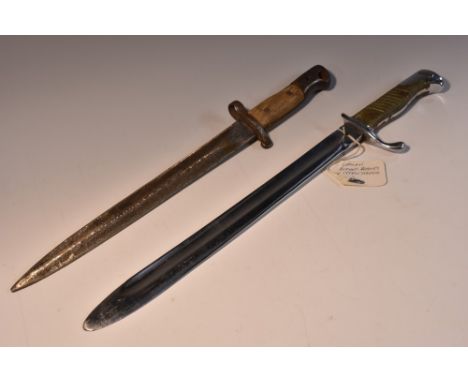 A World War I German 'butcher' bayonet, 35cm chrome plated straight fullered blade, two-piece wooden grip, 48cm long overall;
