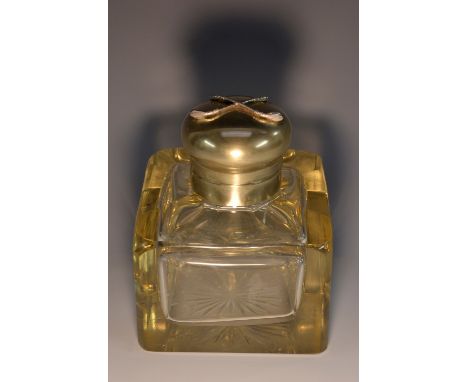 Golf - a substantial Victorian square glass inkwell, hinged domed cover applied with crossed clubs, star-cut base, 12cm wide,