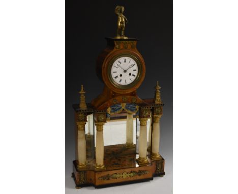 A 19th century Continental parcel-gilt and painted maple portico library clock, 11cm circular enamel dial indistinctly signed