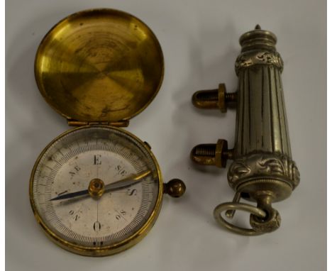 A Victorian silver-plated bosun's whistle, leafy scroll borders, the sleeve with brass fixings, 8cm over loop, c.1880; a 19th