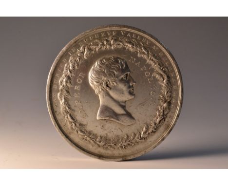 An electro-plated medallion, cast after an issue commemorating the death of Napoleon Bonaparte, portrait bust to obverse, bio