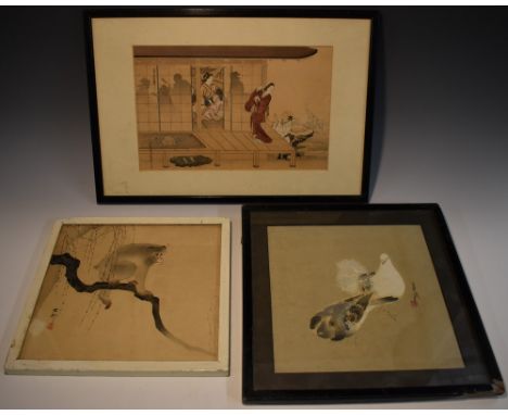 Japanese School (Meiji period), Entertainment at the Geisha House, red two-character seal, liner script, hand-coloured woodbl