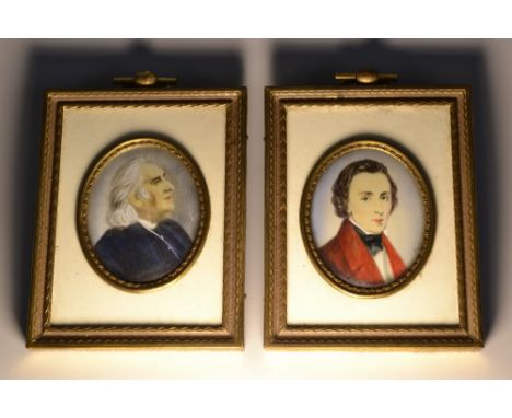 French School (early 20th century), a pair of musical portrait miniatures, Chopin and Liszt, oval, watercolour on ivorine, 4.