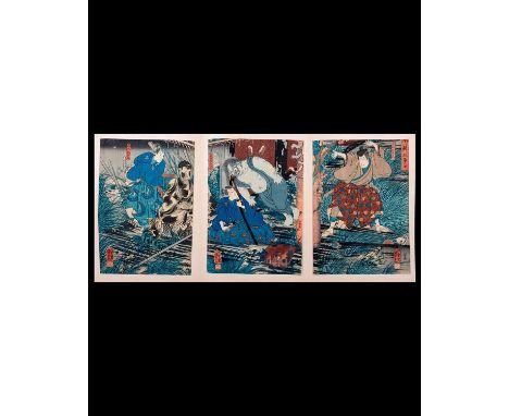 Artist :Kuniyoshi UTAGAWA (1797/98-1861) Series : Fuwa Banzaemon, Nagoya Yamasaburo and Takagi Umanosuke Date : (1852) Medium
