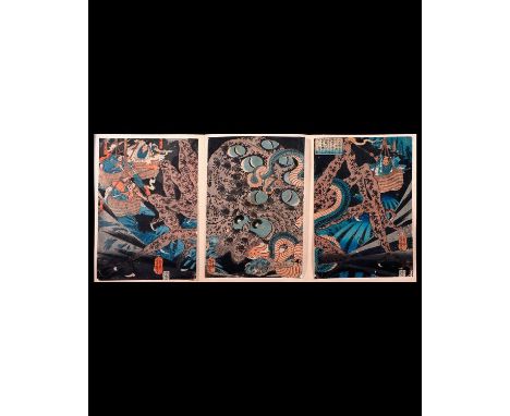 Artist:Yoshitsuya UTAGAWA (1822-1866) Series: Battle with a giant spider Date:(1860-1866) Medium: Woodblock(triptych) Dimensi