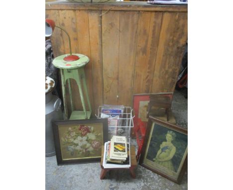 A mixed lot of small household furniture and accessories to include a green painted two tier plant stand, a mid-century red p