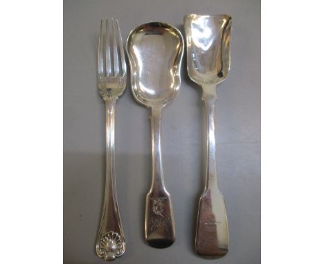 Two 19th century silver sugar shovel spoons, hallmarked London 1813 and London 1829 together with a dessert fork, hallmarked 
