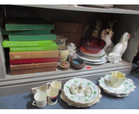 A mixed lot to include an Oriental cinnabar pot, Belleek shell shaped vase, Victorian green and gilt painted porcelain, boxed