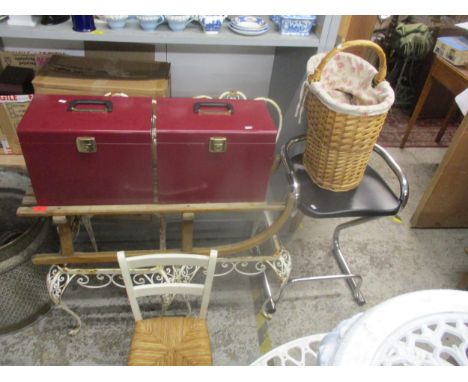 A mixed lot to include two white painted metal garden chairs (without seats), a vintage wooden toboggan, two metal record cas