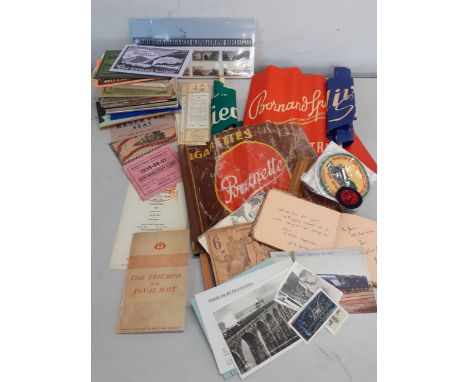 A mixed lot to include vintage ski flags and others, railway enthusiast items, 1950's autograph album, a 1962 Flying Scotsman