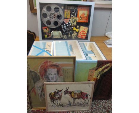 Pictures to include Zorana Popic - a portrait pastel, film related objects in boxed frame, prints, a study of donkeys and an 