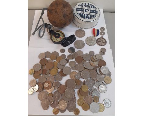 A vintage European wooden game ball, together with a vintage compass, mixed coins and other items, a Georgian style doll with