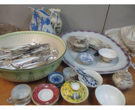 Silver plate and ceramics to include a nine place setting of cutlery and flatware, a Royal Doulton wash bowl, Japanese and Ch
