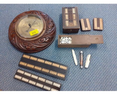 Game related boards, a penknife, and an aneroid barometer Location: 9.4 