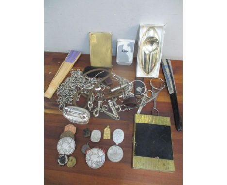 A mixed lot to include military badges, police items, fan, Ronson table lighter, cigarette case and other items 