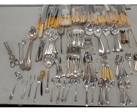 Silver plated flatware and cutlery to include a pair of basting spoons, various spoons and forks 