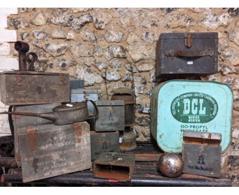 Vintage air Ministry pained boxes, an Isopropyl Myristate DCL can, a lamp and oil can, a large chrome ball, a printing chest 