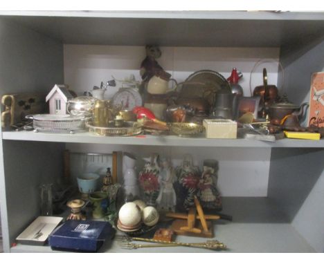 A miscellaneous lot to include African wooden animals, copper and brass tea kettle, silver plate, a wooden coat hanger, vario