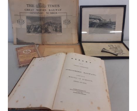 Railway interest to include vintage photographs of trains, a 1935 Times newspaper commemorating the WR Centenary, a wrought i