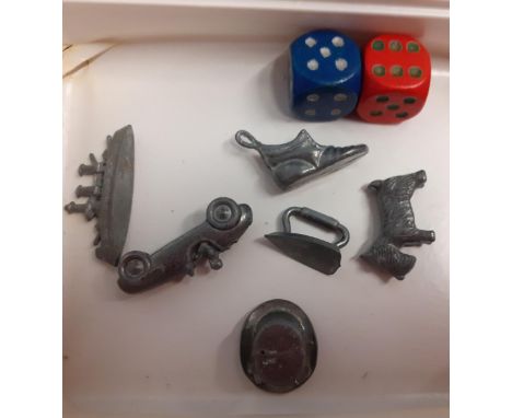 Vintage board games to include Monopoly with six metal model counters, a wooden train set, boxed draughts, wooden building bl