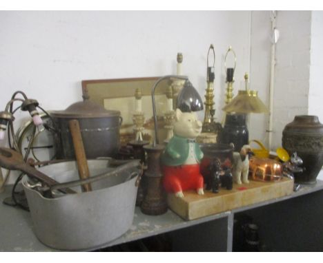 A mixed lot to include various table lamps, copperized coal bucket, tools, a framed and glazed signed Asian watercolour river