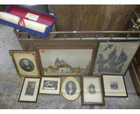 A selection of pictures to include a oval watercolour portrait of a Victorian lady in a white bonnet, embossed mounting and g